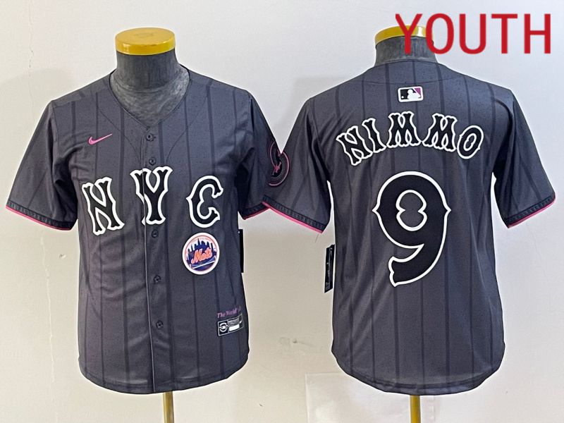 Youth New York Mets 9 Nimmo Black City Edition 2024 Nike MLB Jersey style 4